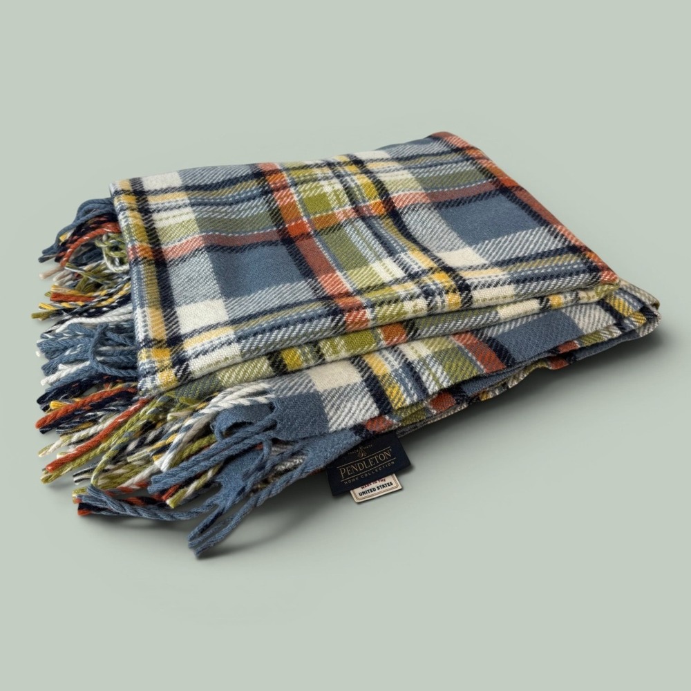 Pendleton Home Collection 100% Wool Plaid Throw Blanket Fringe Made USA 53x66"
